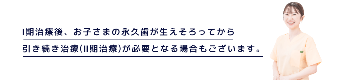 Ⅱ期治療という、お子さまの永久歯が生えそろってからワイヤー矯正などで引き続き治療が必要となる場合もございます。
