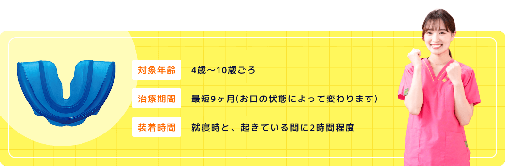 対象年齢：4~10歳ごろ 治療期間：最短9カ月（お口の状態によって変わります） 装着時間：就寝時と、起きている間に2時間程度